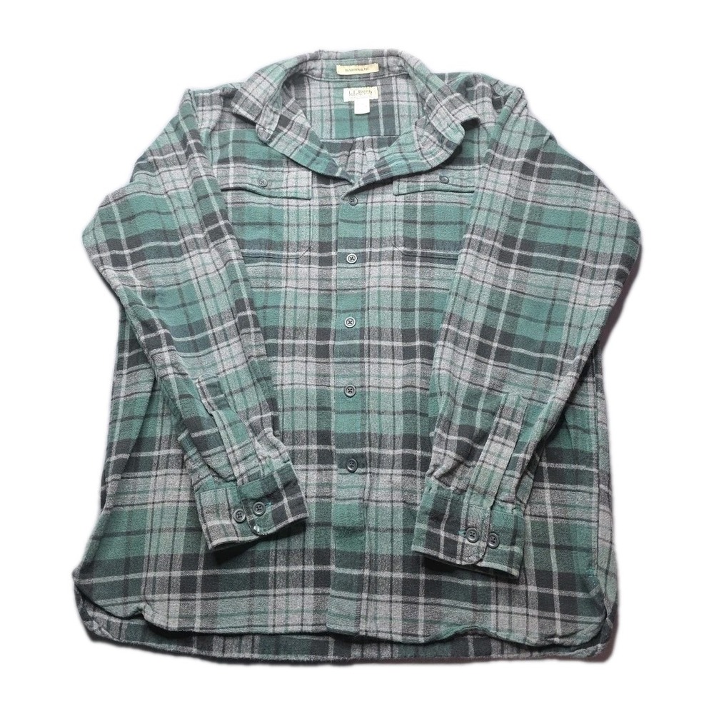 Vintage LL Bean‎ Plaid Flannel Shirt Mens L Gray Green Grunge Outdoor Skater